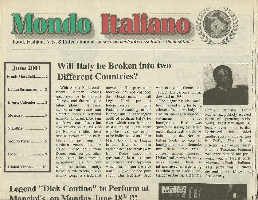 Mondo Italiano June 2001 Edition Dick Contino visits Mancini's Char House